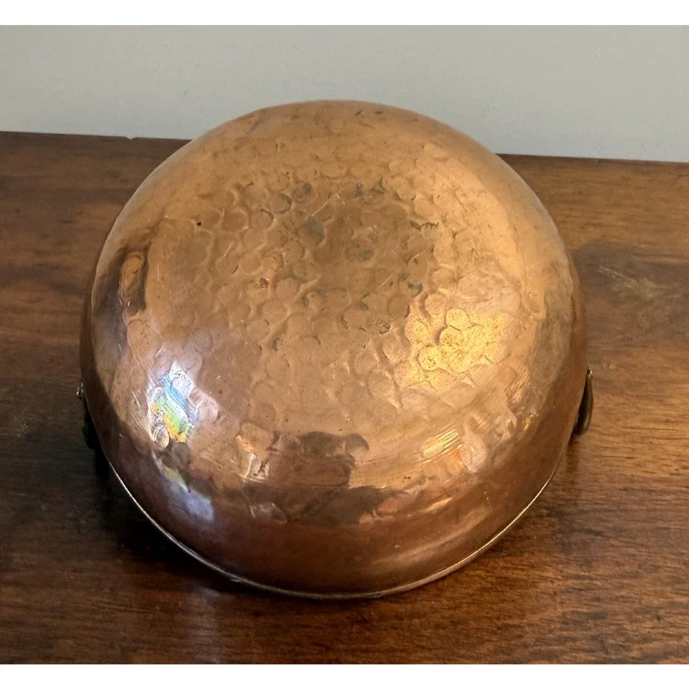 Vintage Hammered Copper Bowl Pot Tin Lined Brass Handles 6